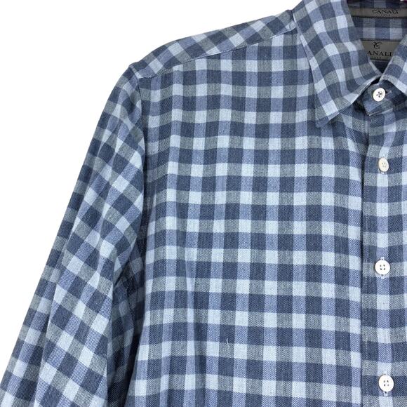 Canali Mens Size M Shirt Casual Button Front Gingham Cotton Blue Gray - Picture 6 of 16